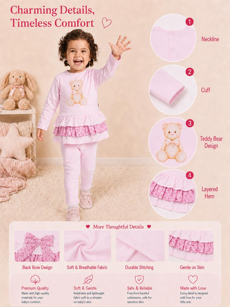 Girls Pink Teddy Top & Leggings Set