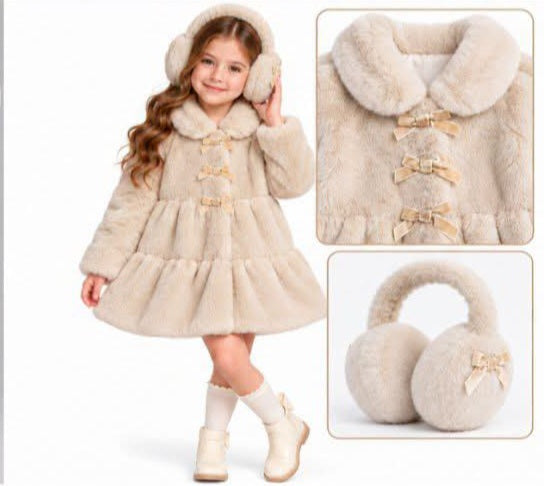 Girls Beige Faux Fur Coat with Ear Muff