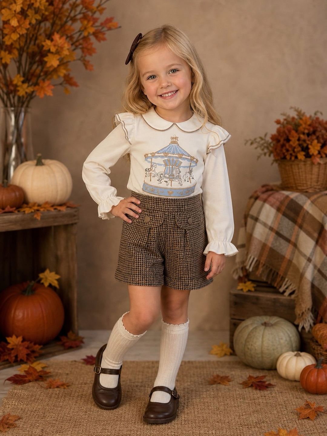 Girls Carousel Top & Camel Checked Short Set