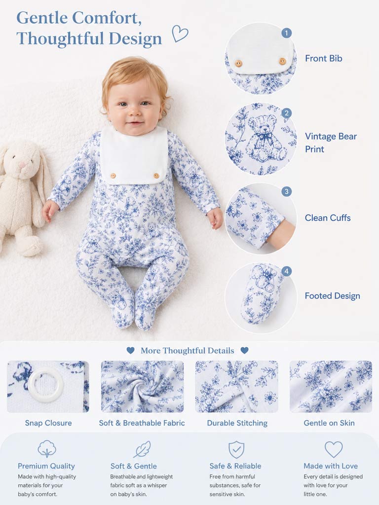 Baby Boys Blue Attached Bib Teddy Babygrow