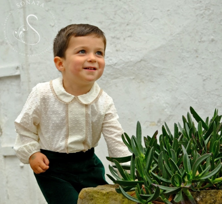 Sonata Boys Green Velvet Shorts & Shirt Set AW (Made to order)
