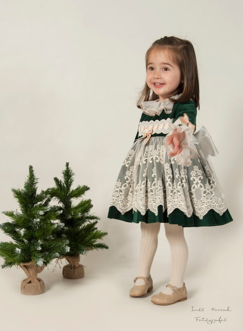 Sonata Green Velvet Puffball Dress (Made to order)