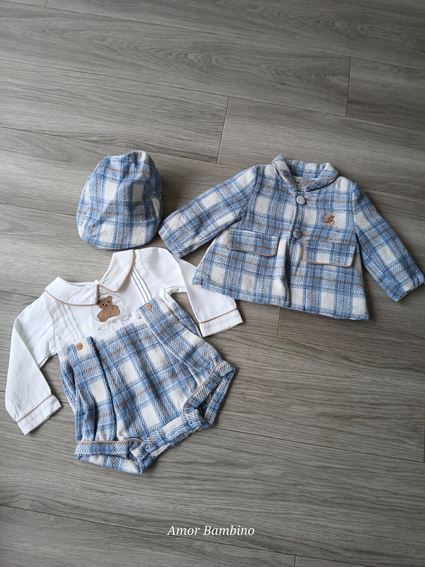 Boys Blue Checked Teddy Romper