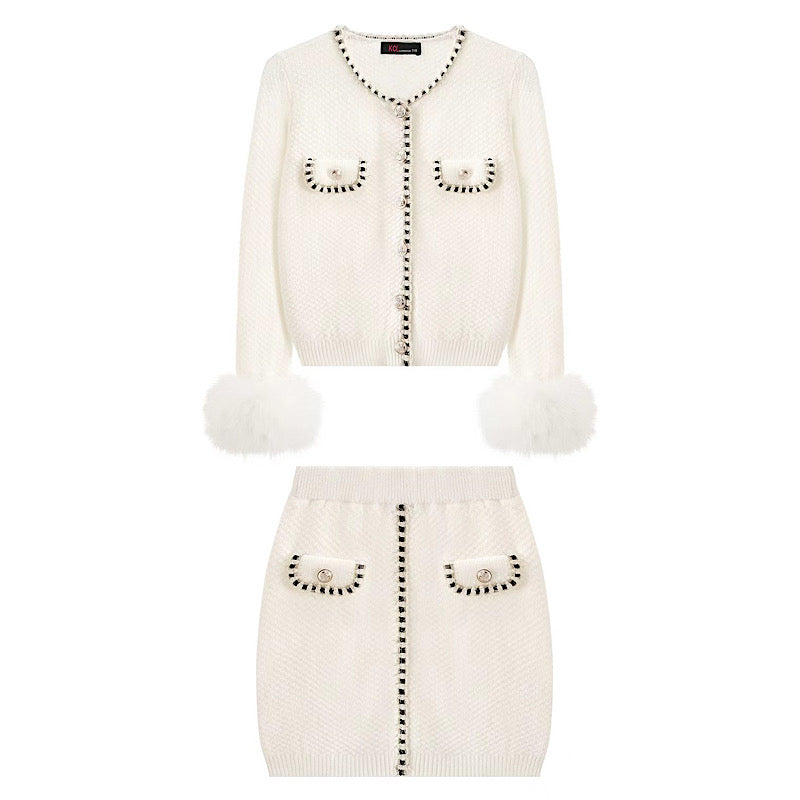 Girls Cream Faux Fur Cuff 2 Piece Skirt Set