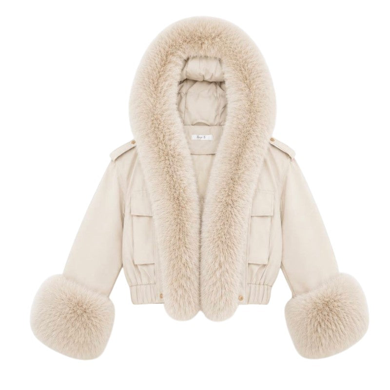 Girls Cream Faux Fur Cuffed Coat