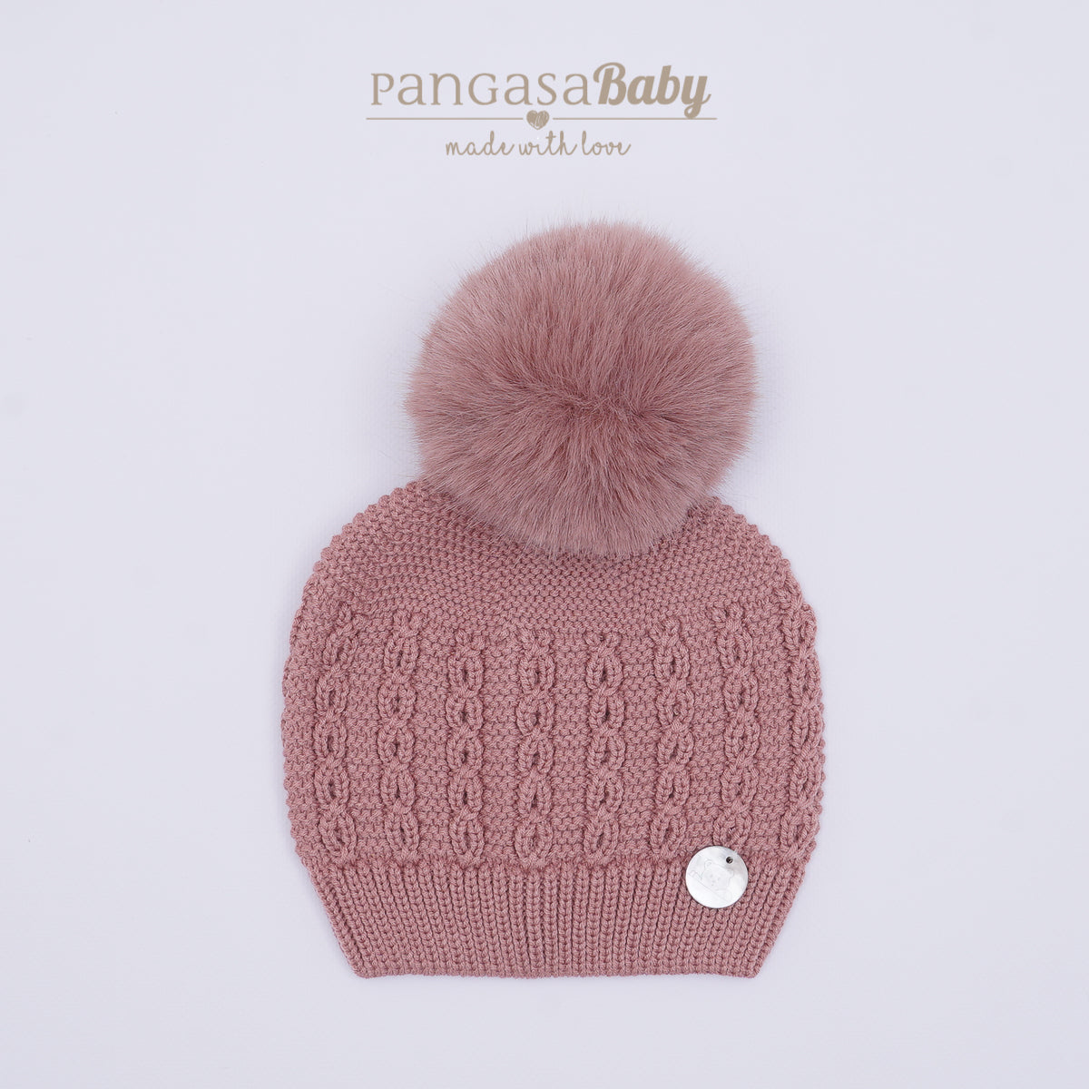 Pangasa Baby Camel Faux Fur Pom Cable Hat - Preorder