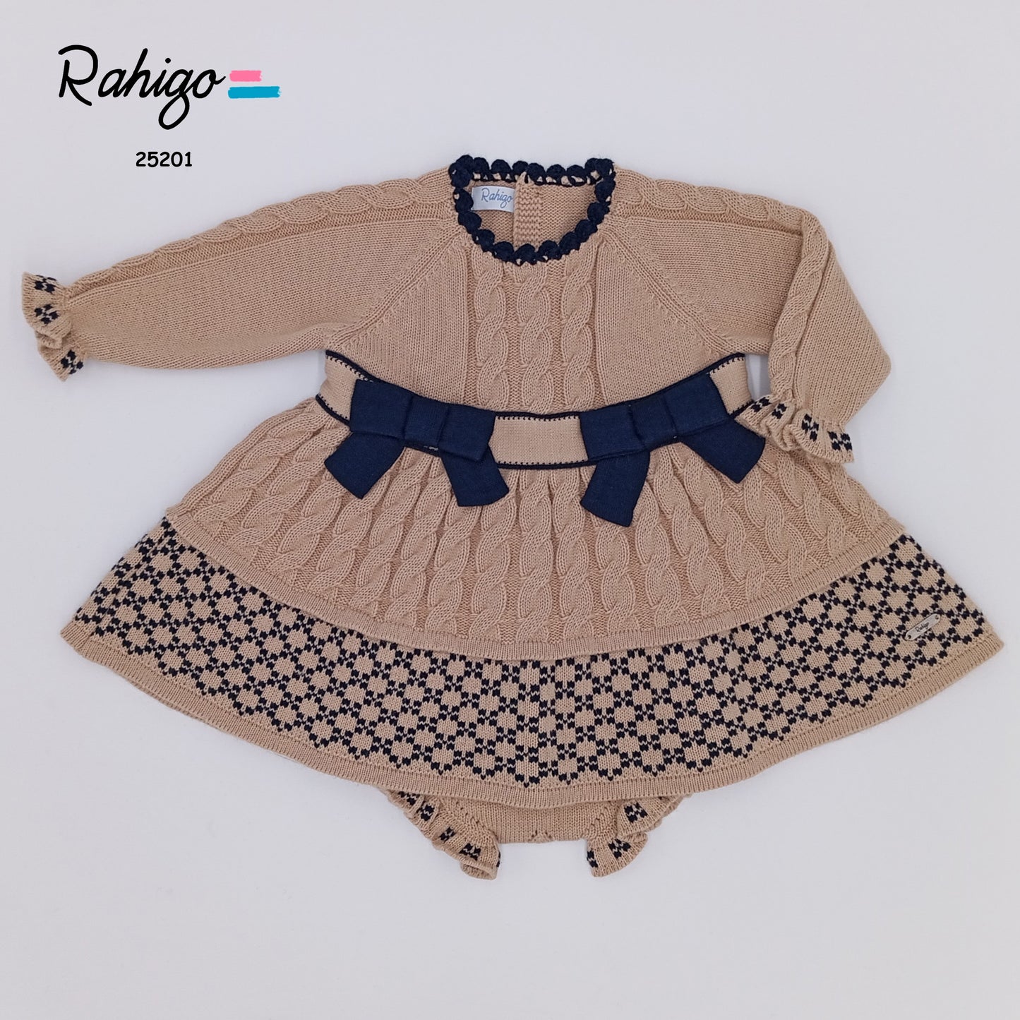 Baby Girls Rahigo Camel & Navy Dress, Knickers & Bonnet AW25 - in stock 12 months