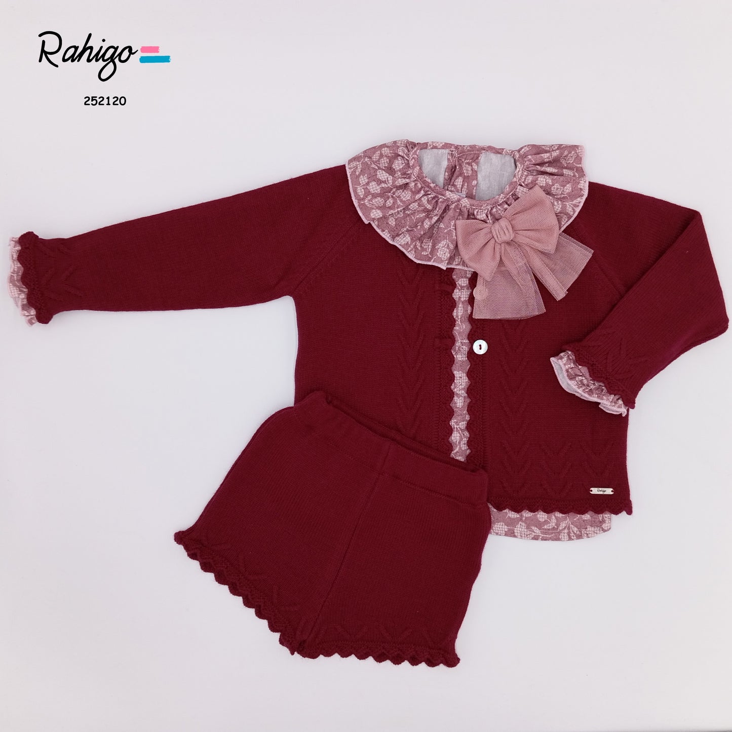 Girls Rahigo Burgandy Cardigan, Blouse, Short Set and hat AW25 - In Stock