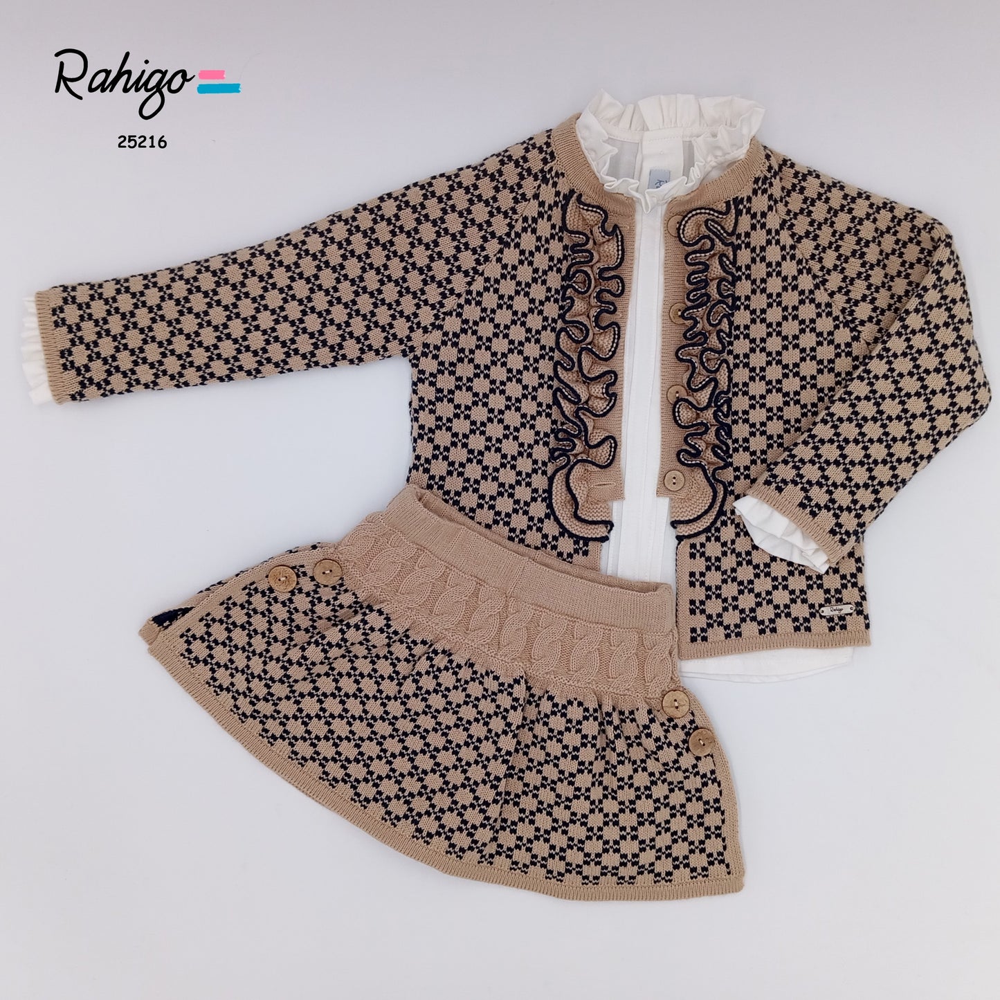 Girls Rahigo Camel & Navy Skirt, Blouse & Cardigan Set AW25 - in stock
