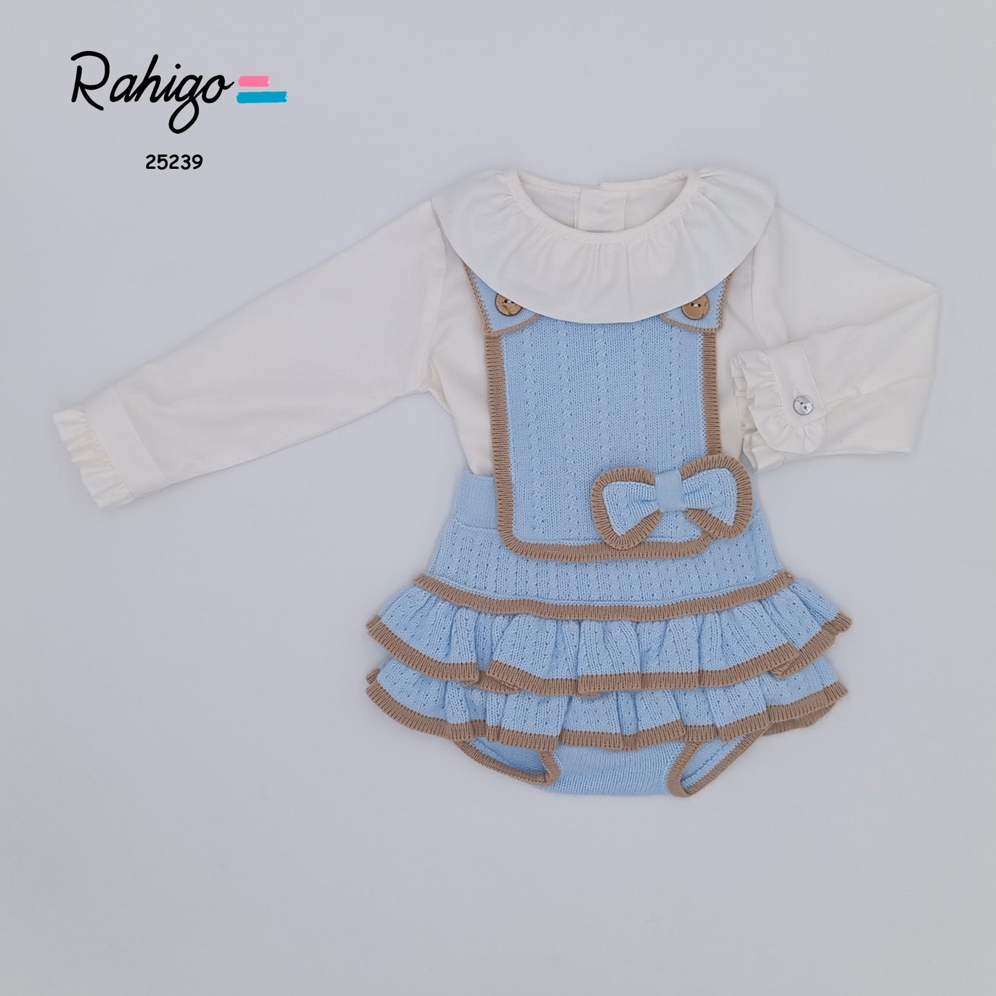 Baby Girls Rahigo Baby Blue & Camel Pinafore Romper & Blouse Set AW25 - in stock 12 months