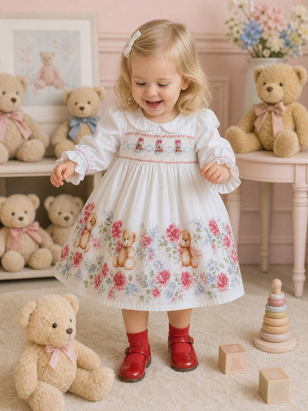 Girls Long Sleeved Teddy Bear Print Smocked Dress