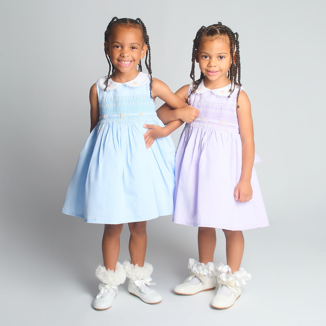 Girls Pastel Blue Cotton Smocked Dress