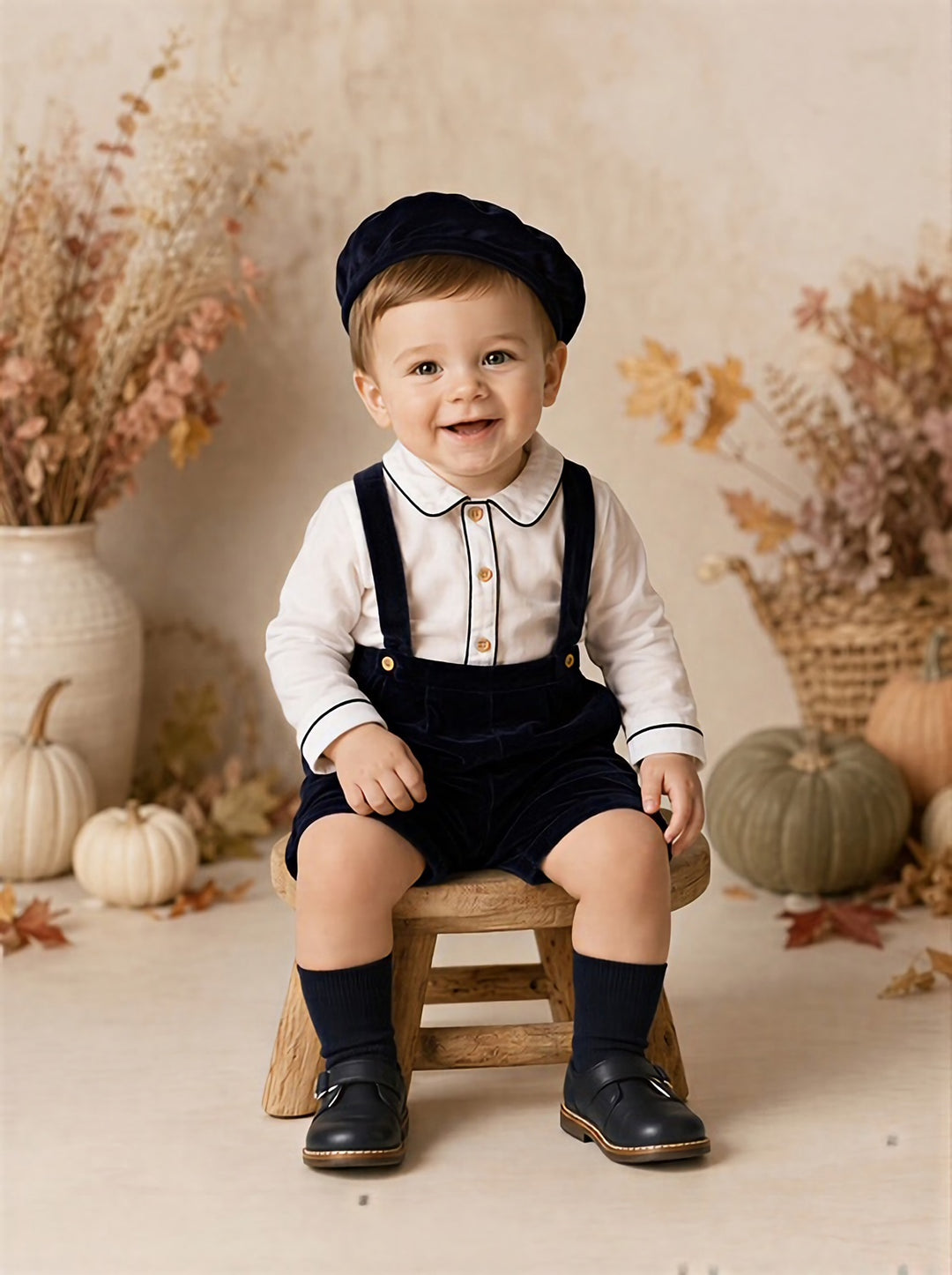 Boys Garnet Navy Velvet Short Dungarees, Shirt & Hat Set