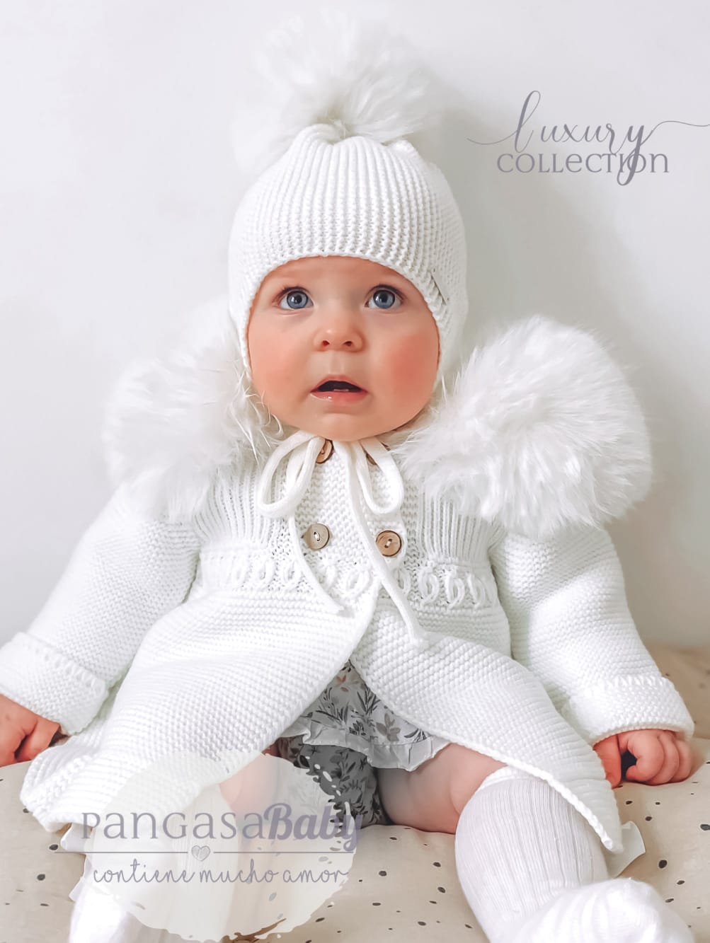 Pangasa Baby Ivory Knitted Jacket With Faux Fur Hood