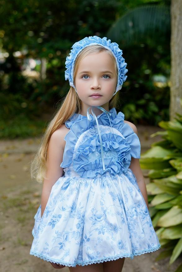 Ela Confeccion SS25 Girls Baby Blue Flower Print Handmade Bonnet - (Made to order)