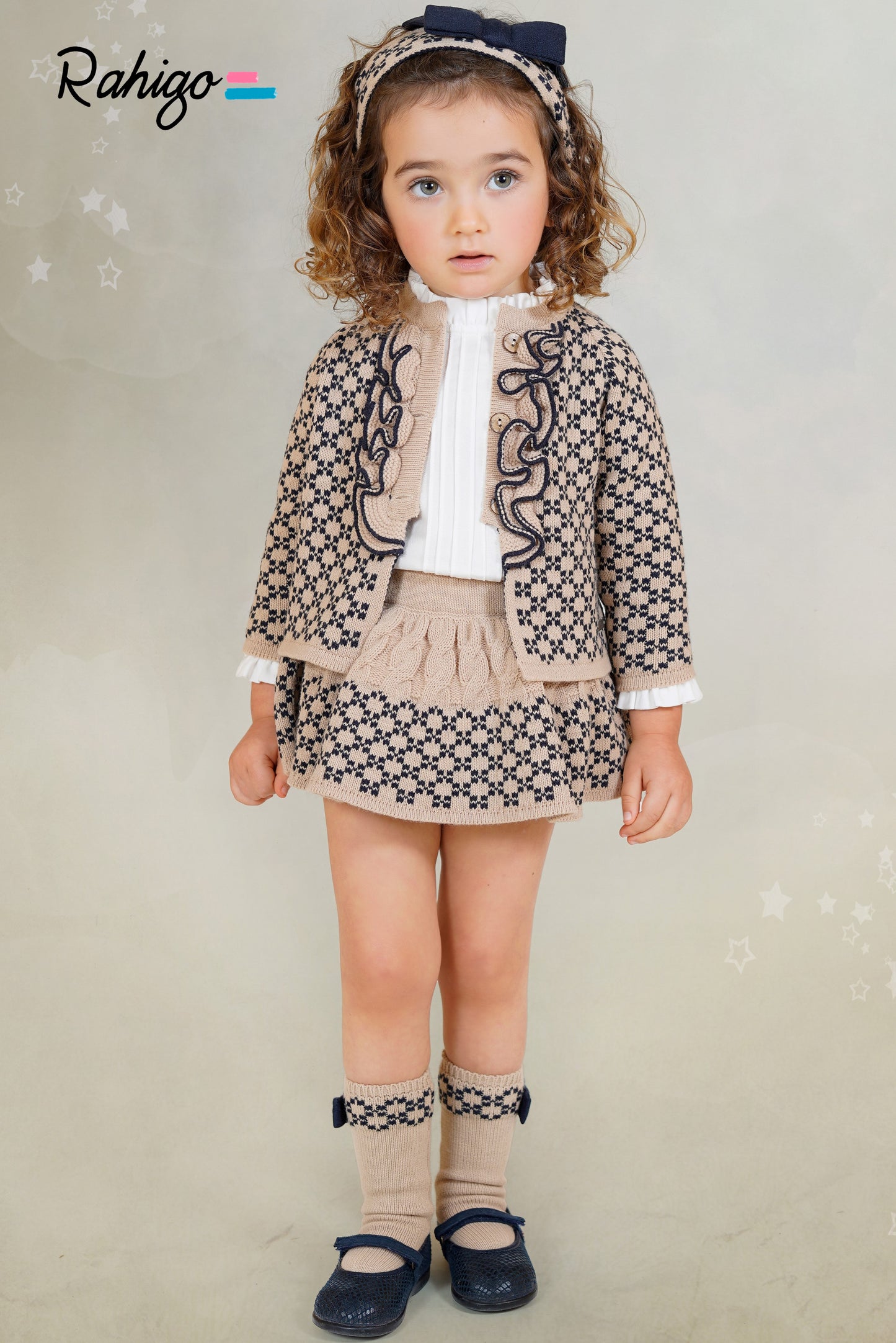 Baby Girls Rahigo Camel & Navy 3 Piece Cardigan, Blouse & Skirt AW25 - in stock