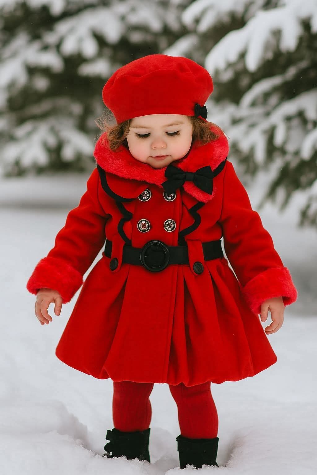 Girls Red Faux Fur Cuff Coat