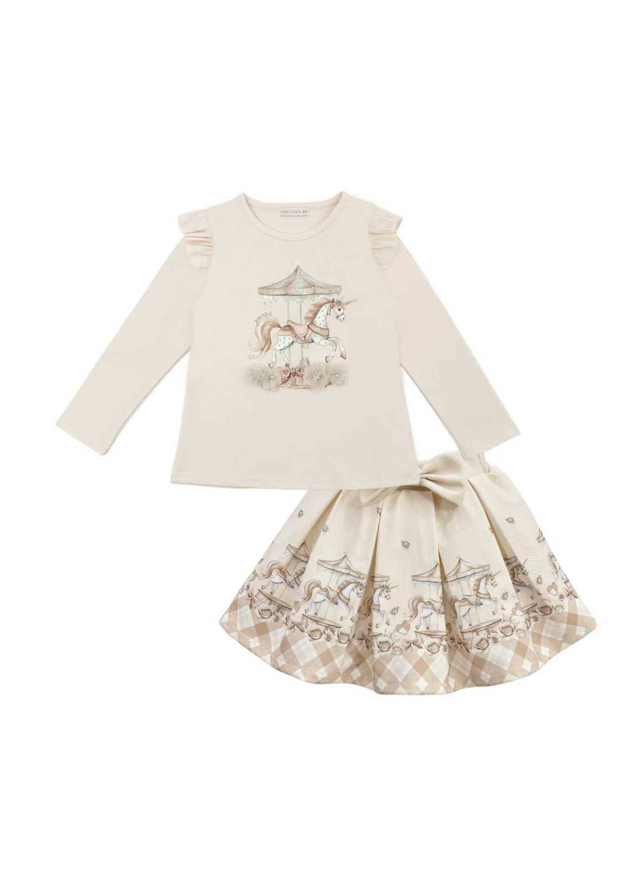 Girls Cream Unicorn & Carousel Top & Skirt Set