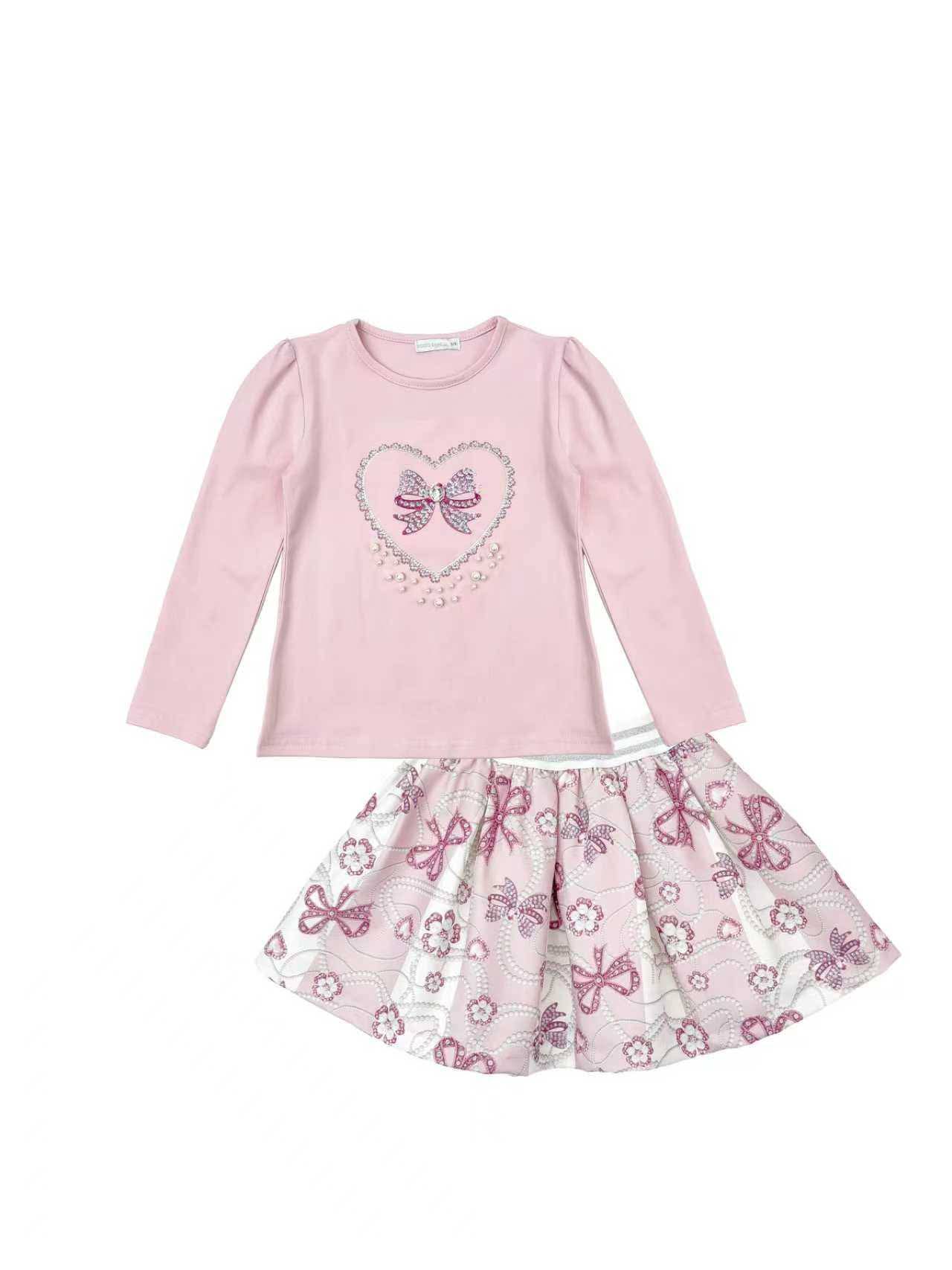 Girls Pink Bow Top & Skirt Set