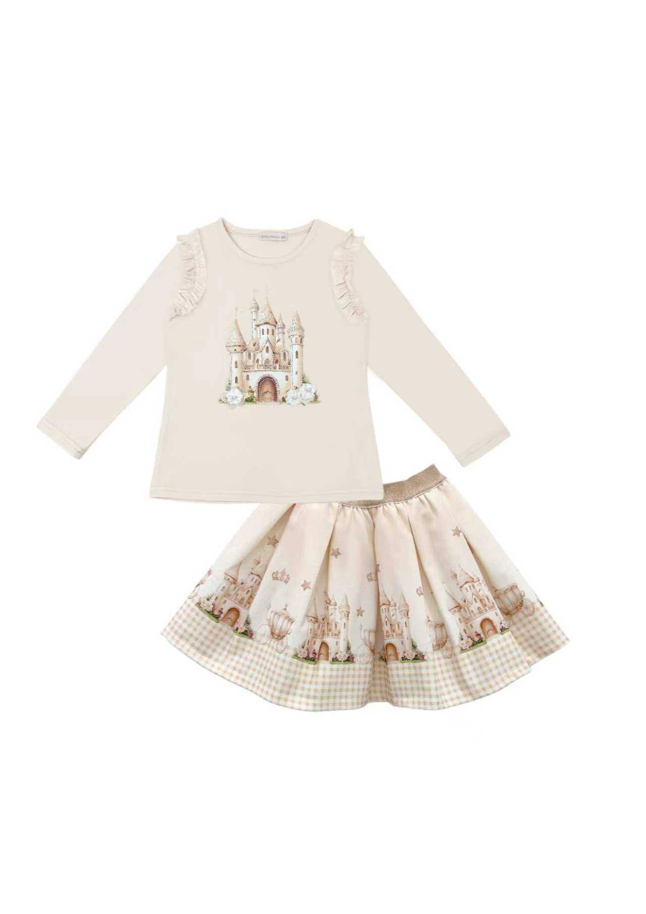 Girls Cream Castle Top & Skirt Set