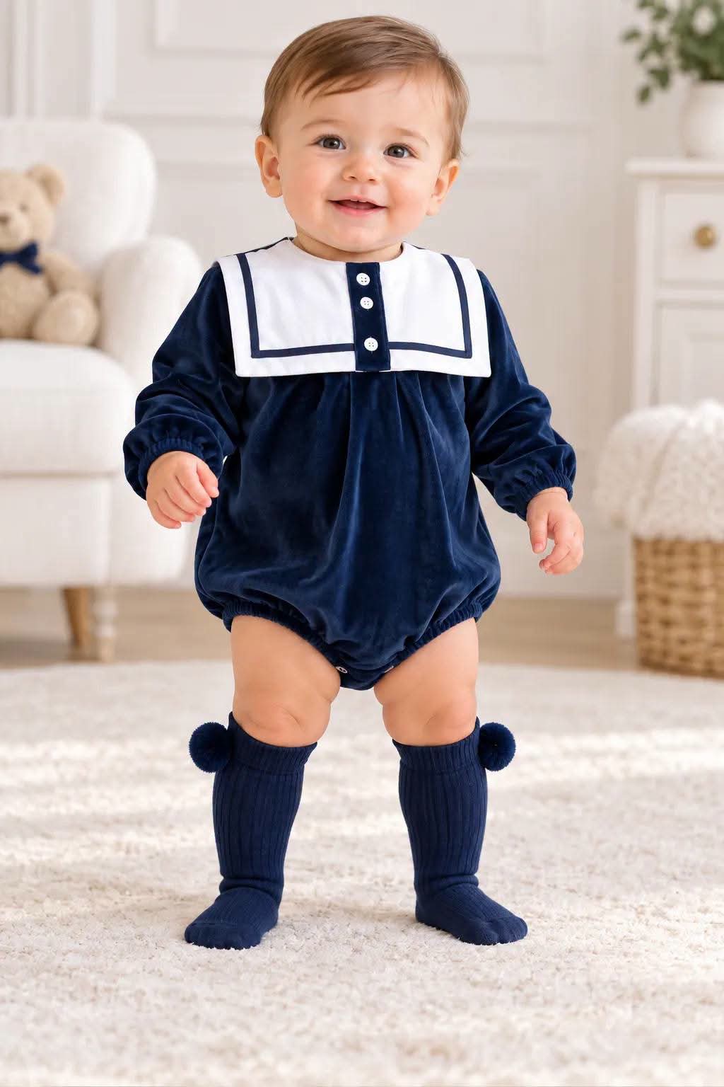 Baby Boys Navy Velour Romper