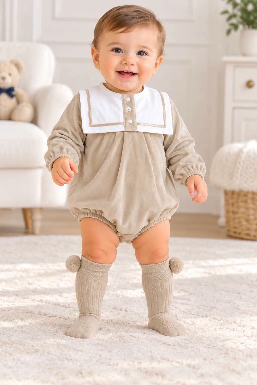 Baby Boys Beige Velour Romper