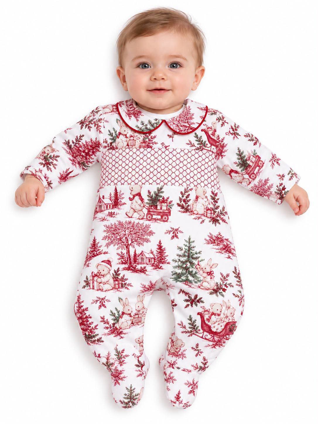 Boys Christmas Print Smocked Babygrow