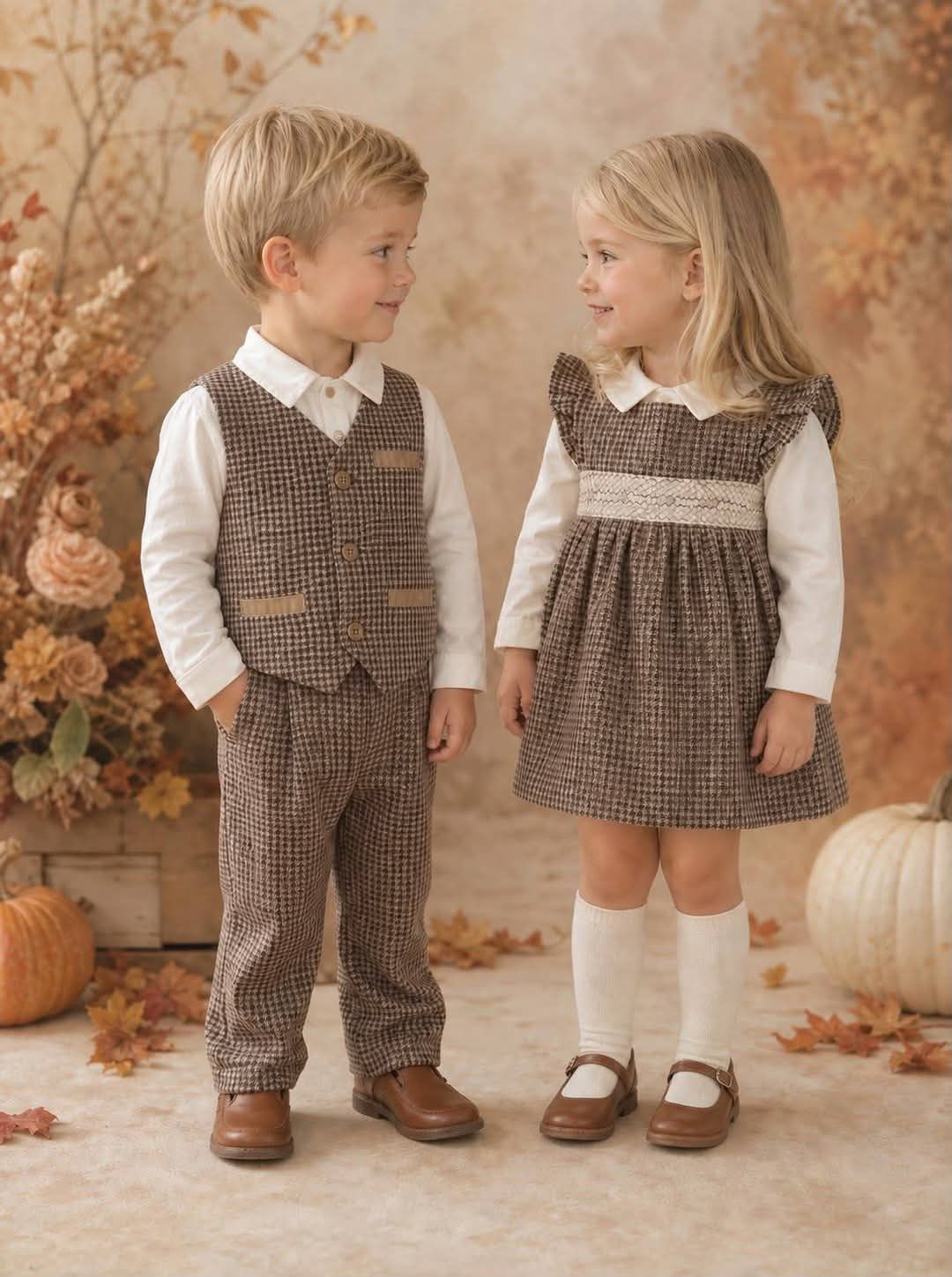 Girls Camel Smocked Checked Pinafore Dress & Blouse