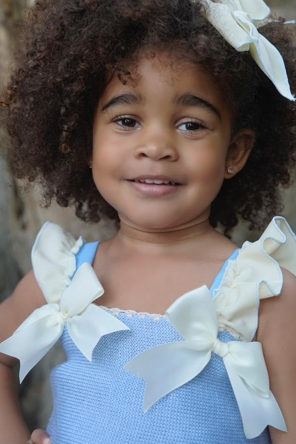 Ela Confeccion SS25 Girls Blue & Cream Half Knit Dress, Knickers & Hairpiece - (Made to order)