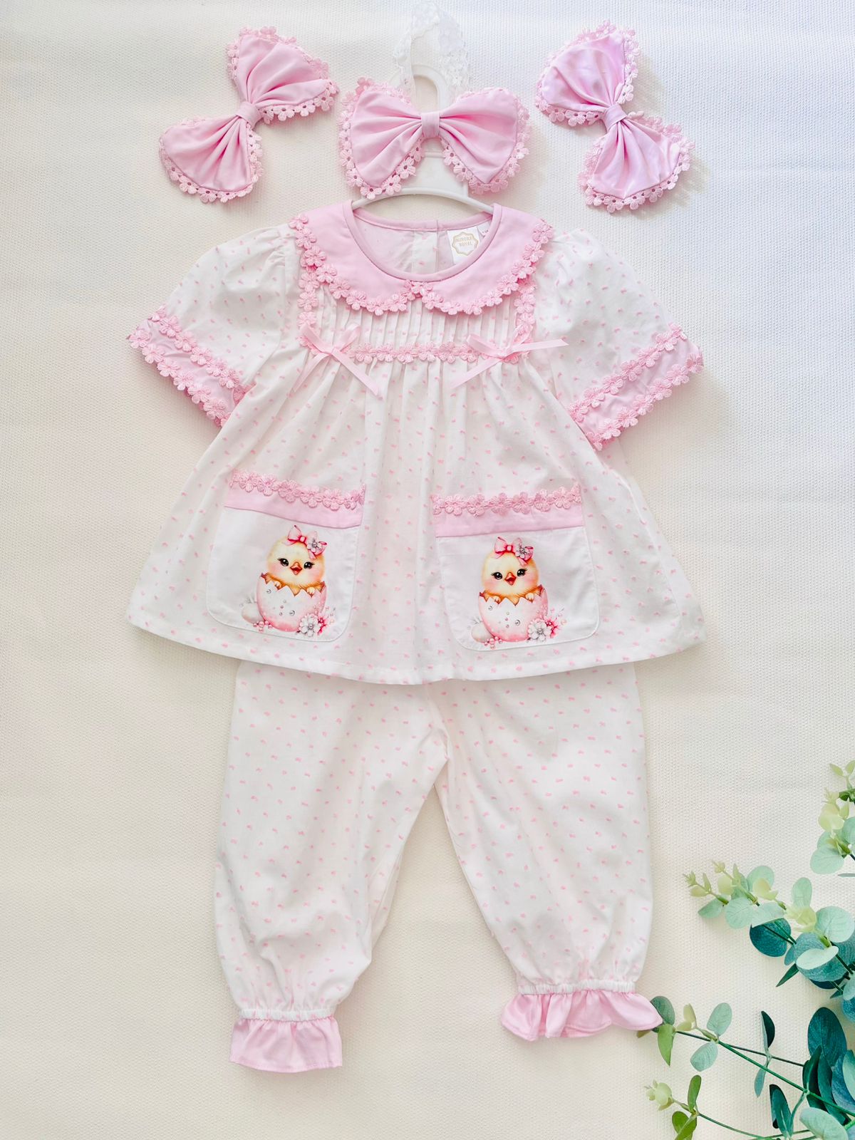 Girls Pink Swiss Dot Pyjamas & Hair Accessory