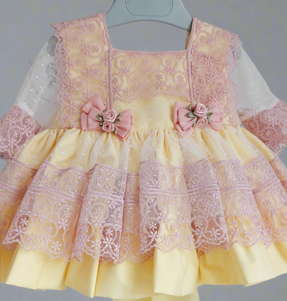 chinese dress ladies Yellow & Pink Lace Overlay Puffball Dress
