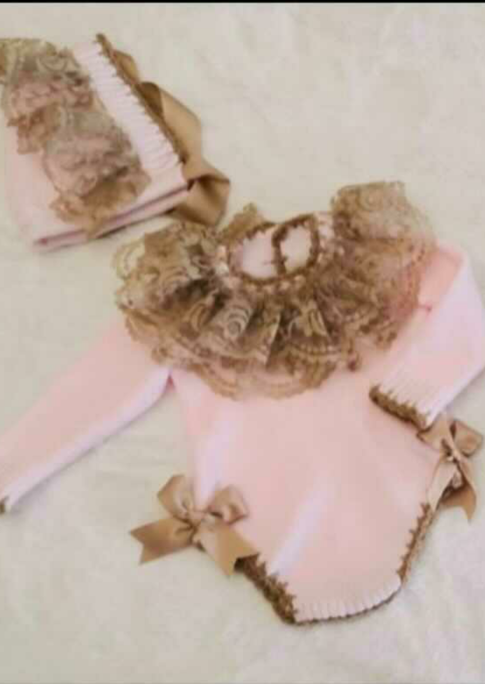 Ela Confeccion Pink Hand Knitted Frill Neck Romper & Bonnet Set - (Made To Order)
