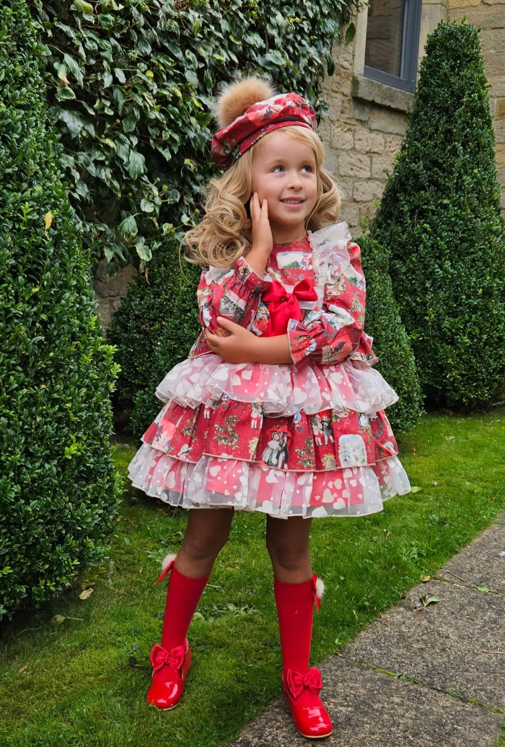 sonata christmas dress SONATA XMAS . Beautiful girls red puffball dress trimmed with lace and fur detailing . Sizes NB-14 years. Perfect for big sister & little sister Matching boys outfit