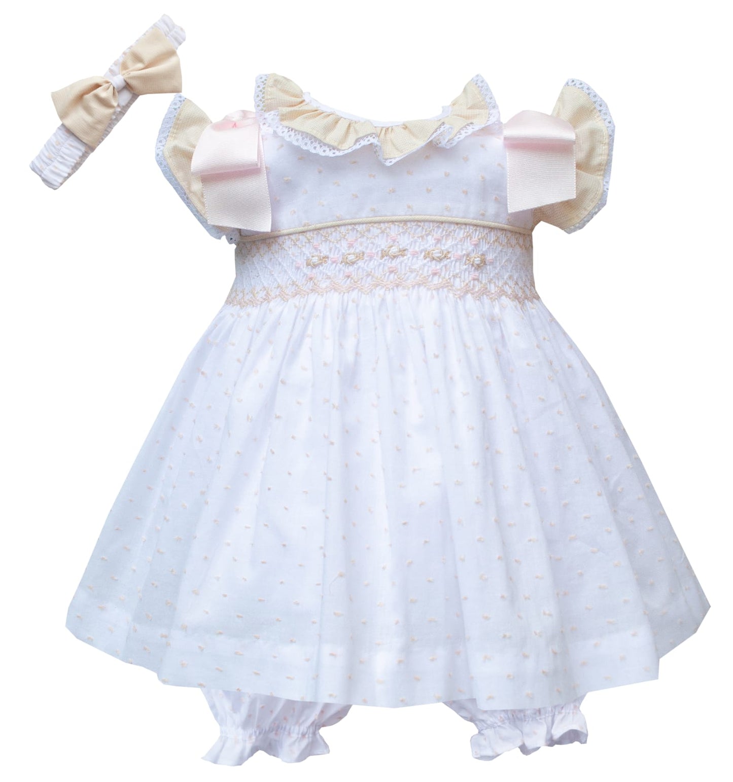 Girls White, Wheat and Pink Hand Smocked Dress Set