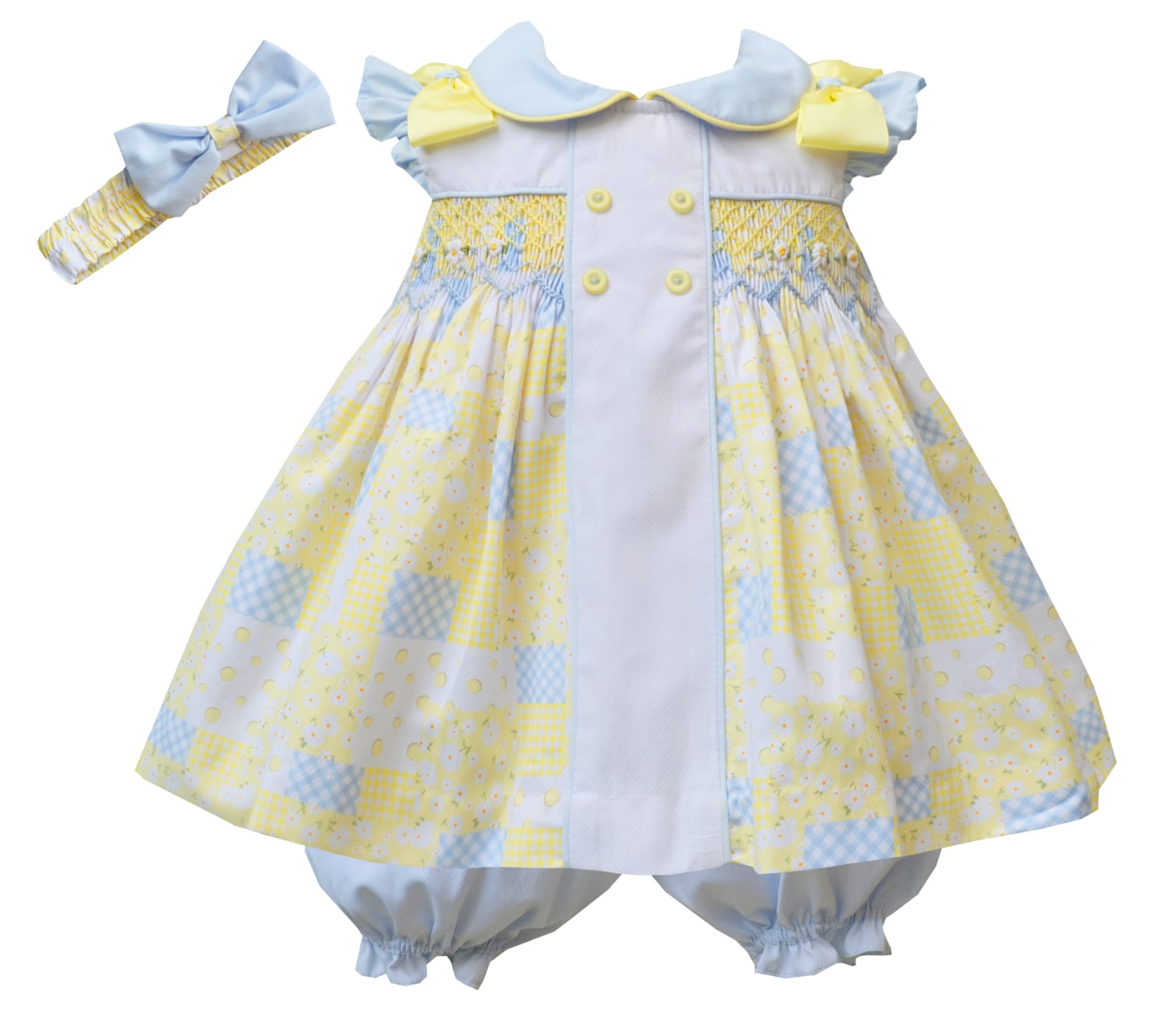 Girls Yellow and Blue Patchwork Hand Smocked Dress Set  Amor Bambino  Childrenswear