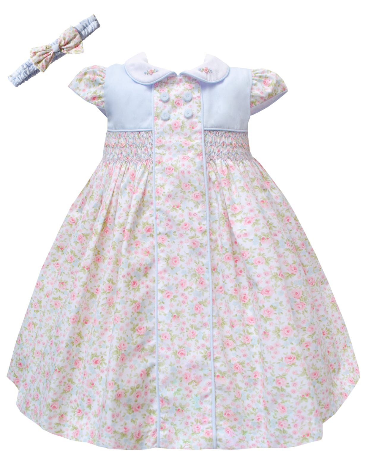 Girls Pink & Blue Floral Hand Smocked Dress Set