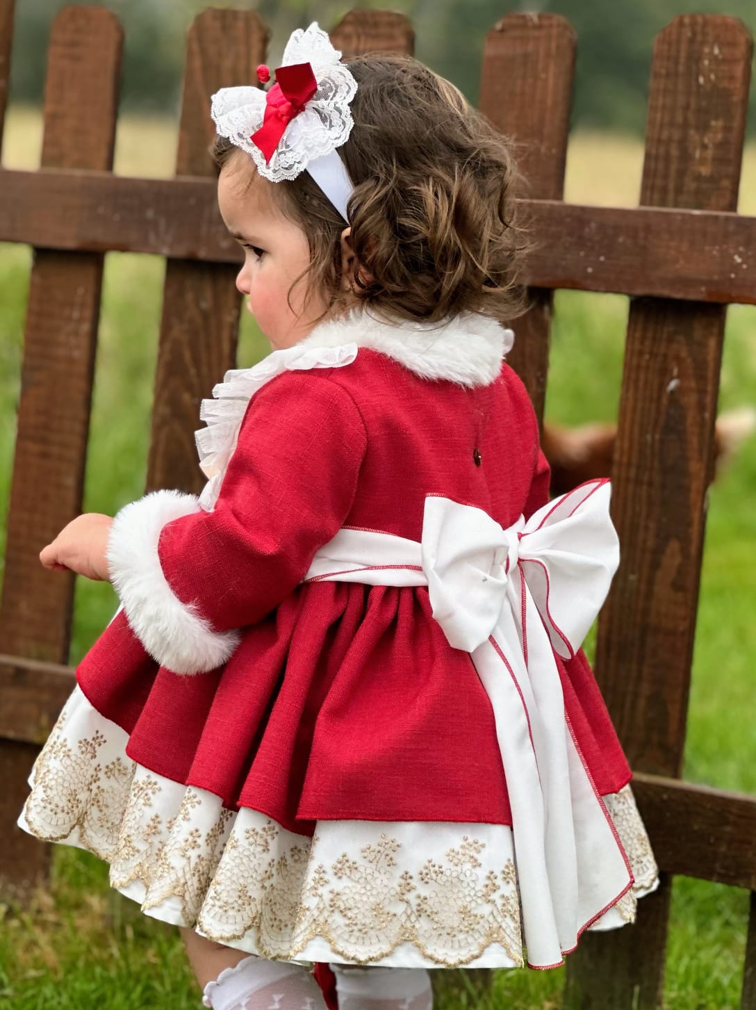 Girls Red & Golden Lace with Fur Dress AW (Made to order)