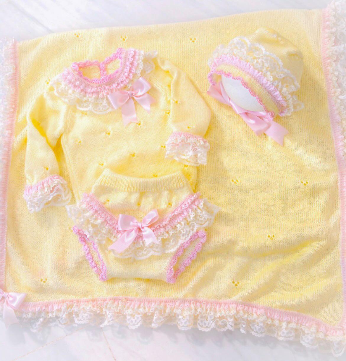 Exclusive Ela Confeccion Yellow, Pink & Cream Frill Edge Hand Knitted Jam Pant Set & Bonnet - (Made To Order)