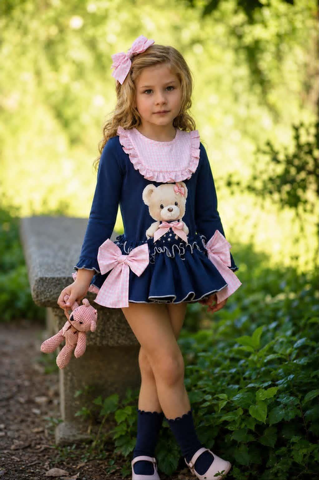 Ela Handmade Teddy Bear Dress, Knickers & Bow Set AW26 - (Made to order)