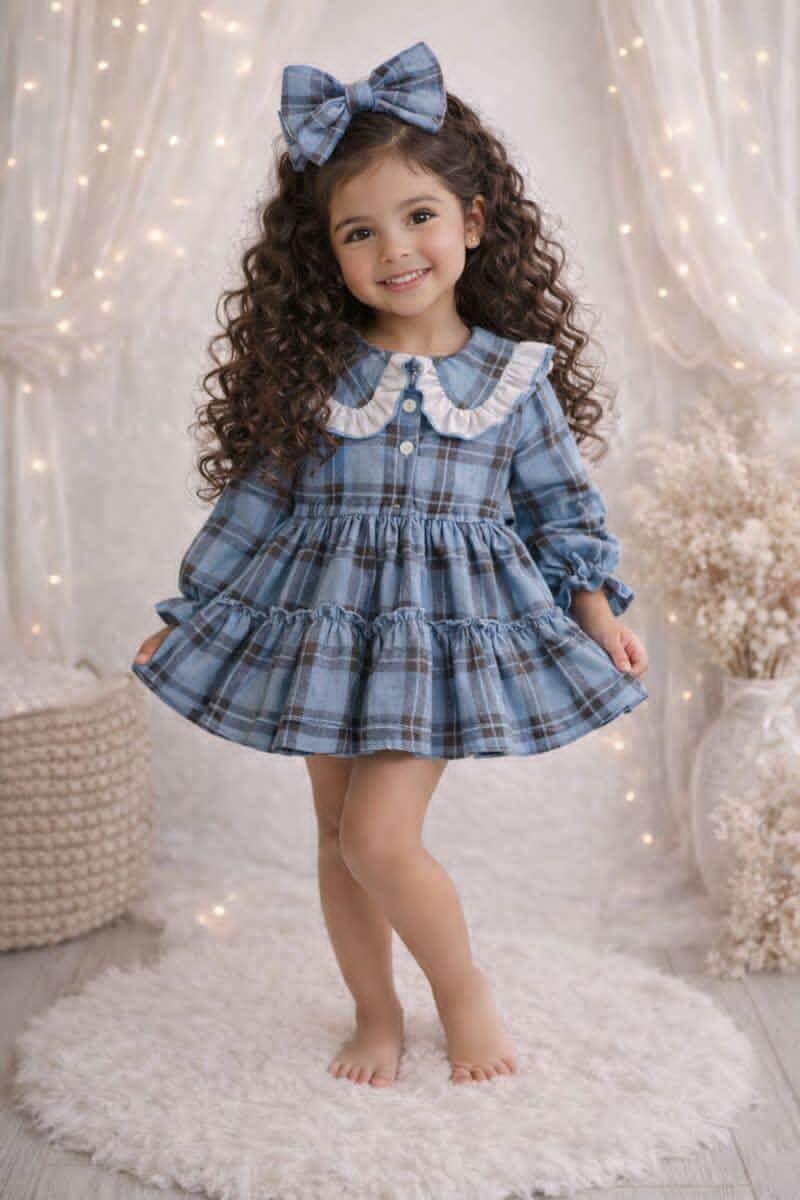 Ela Handmade Blue Checked Dress, Knickers & Bow Set AW26 - (Made to order)