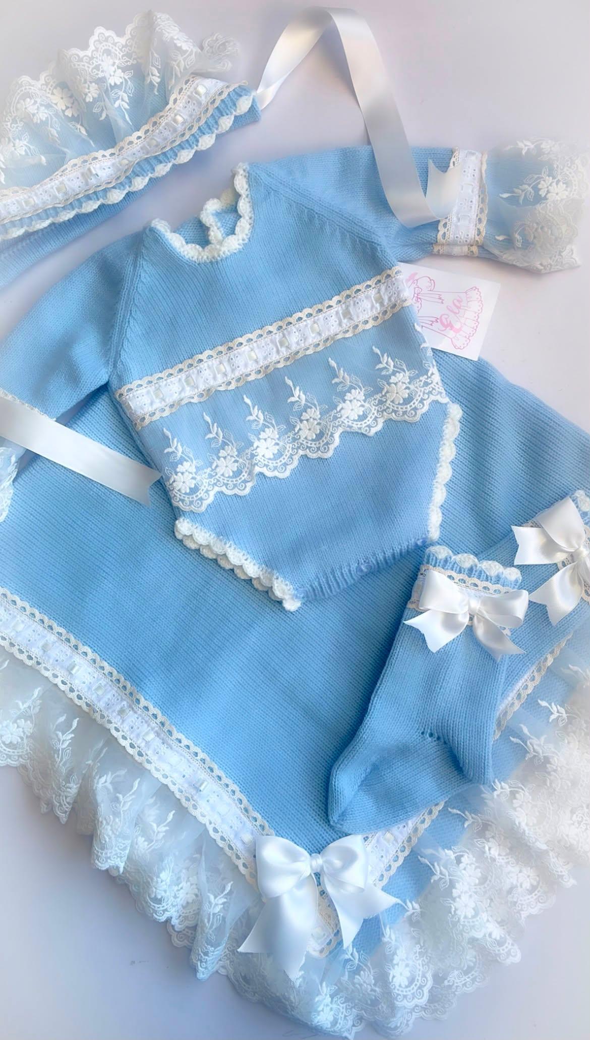 Ela Confeccion Blue Frill Edge Hand Knitted Romper Set - (Made To Order)