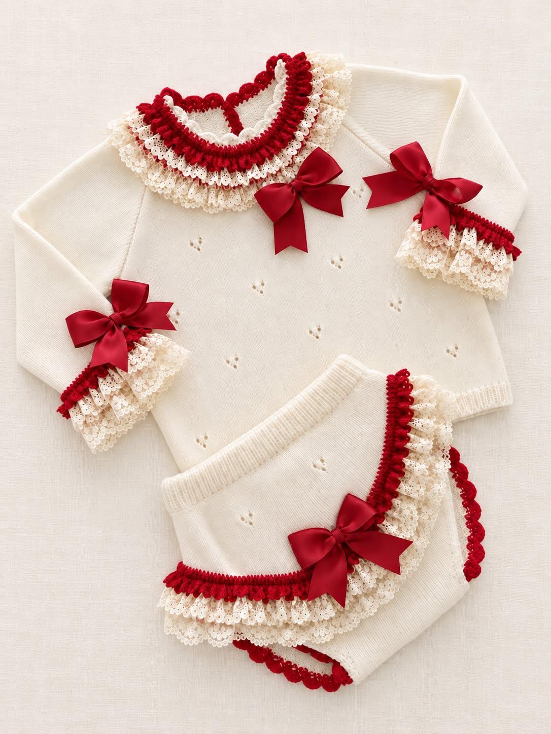 Ela Confeccion Red Trim Frill Edge Hand Knitted Jam Pant Set & Bonnet - (Made To Order)