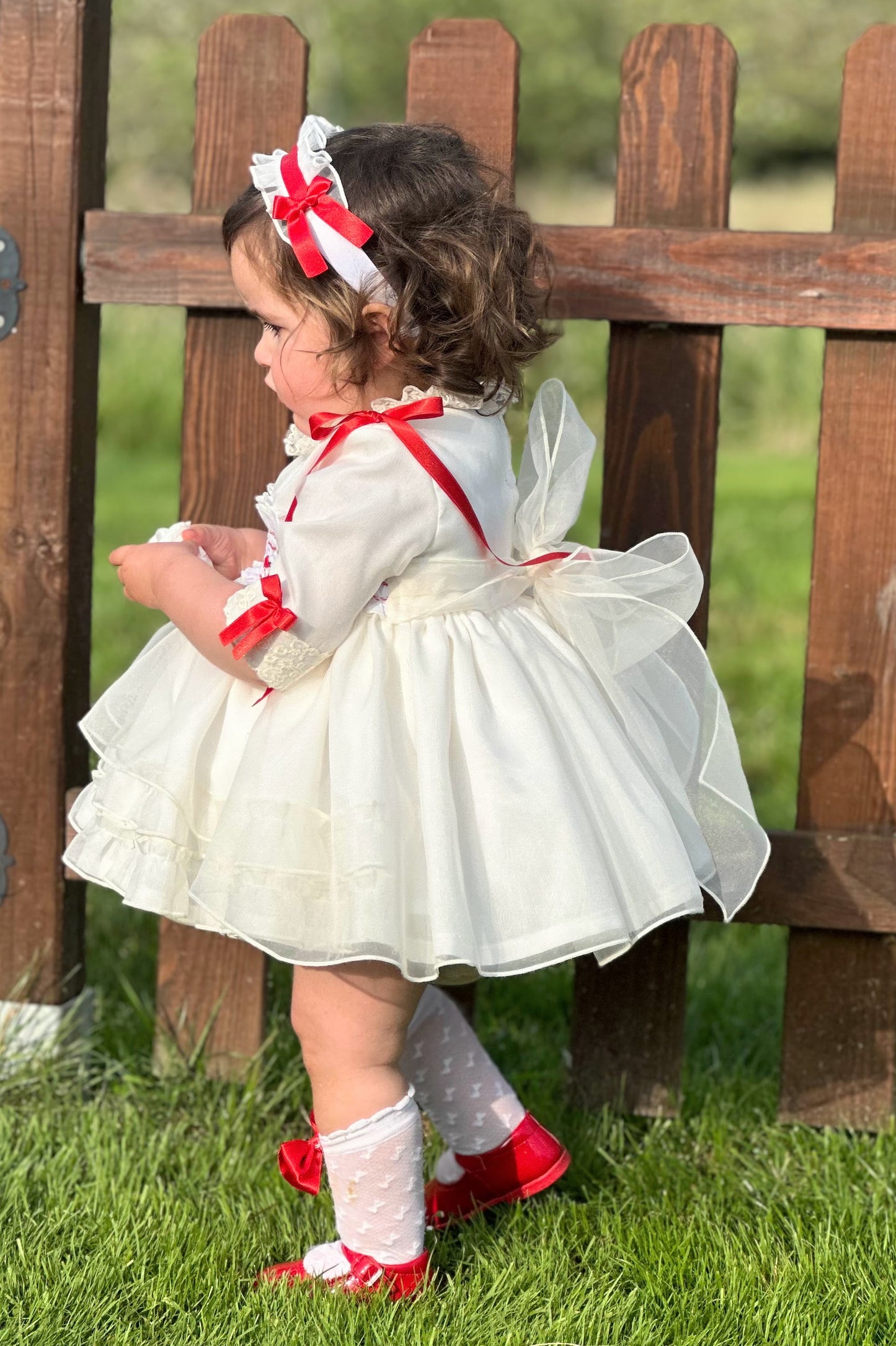 Girls White & Red Velvet Smocked Dress AW (Made to order)