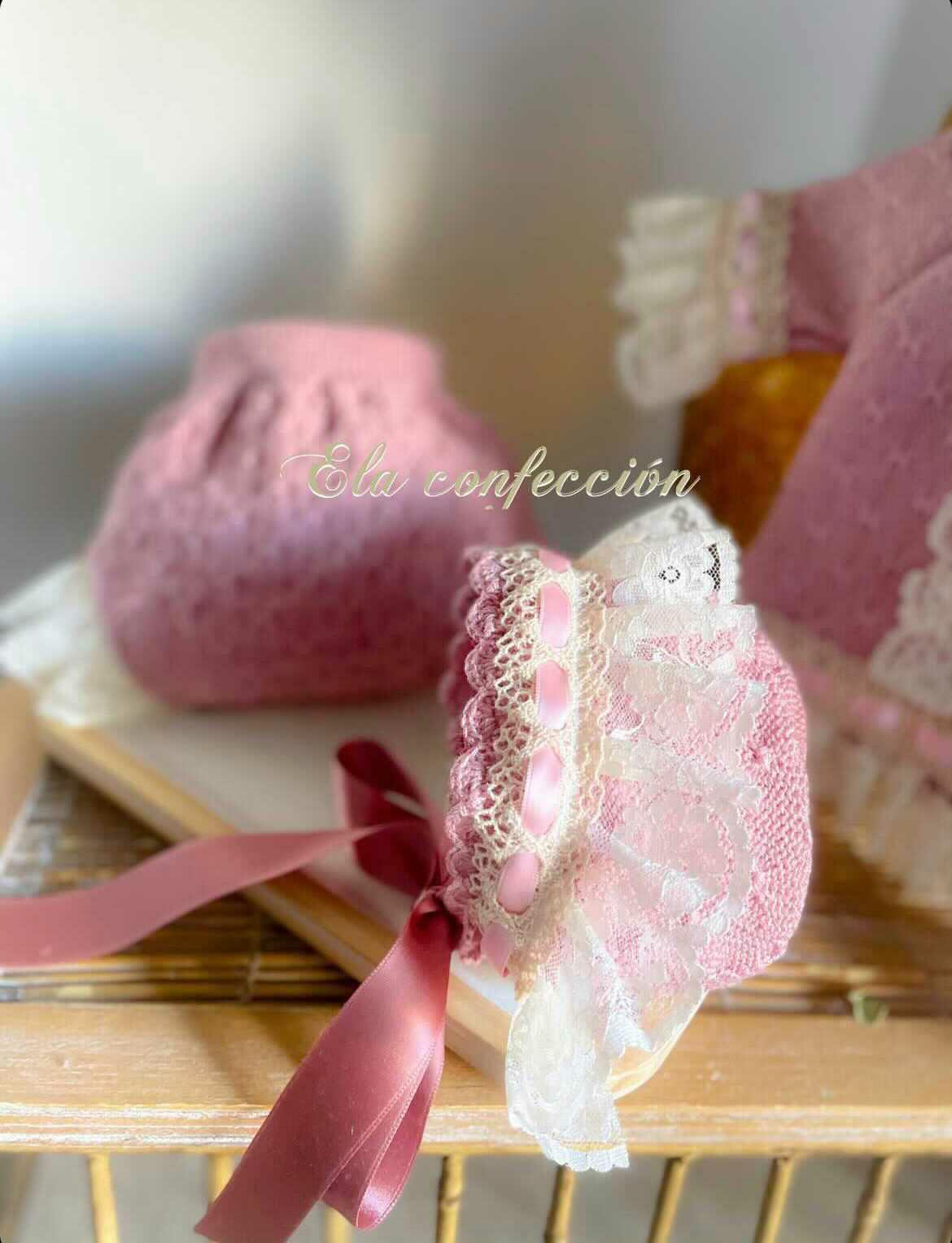 Ela Confeccion Dusky Pink Hand Knitted Top, Jam Pant & Bonnet Set - (Made To Order)