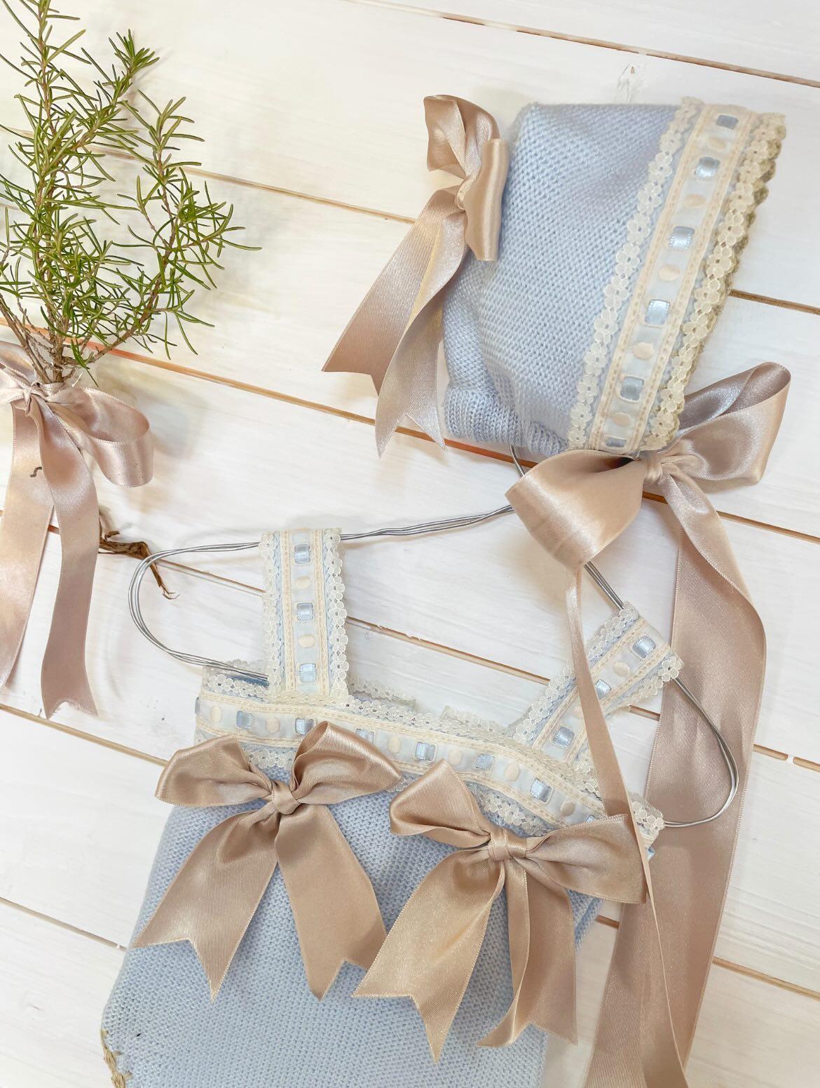 Baby Girls Hand Knitted Romper & Bonnet Set - (Made To Order)