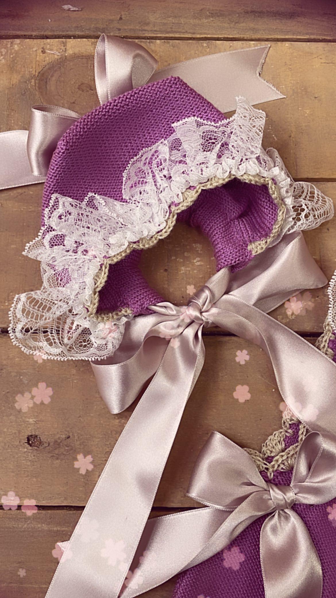 Ela Confeccion Purple Hand Knitted Romper and Bonnet - (Made to order)