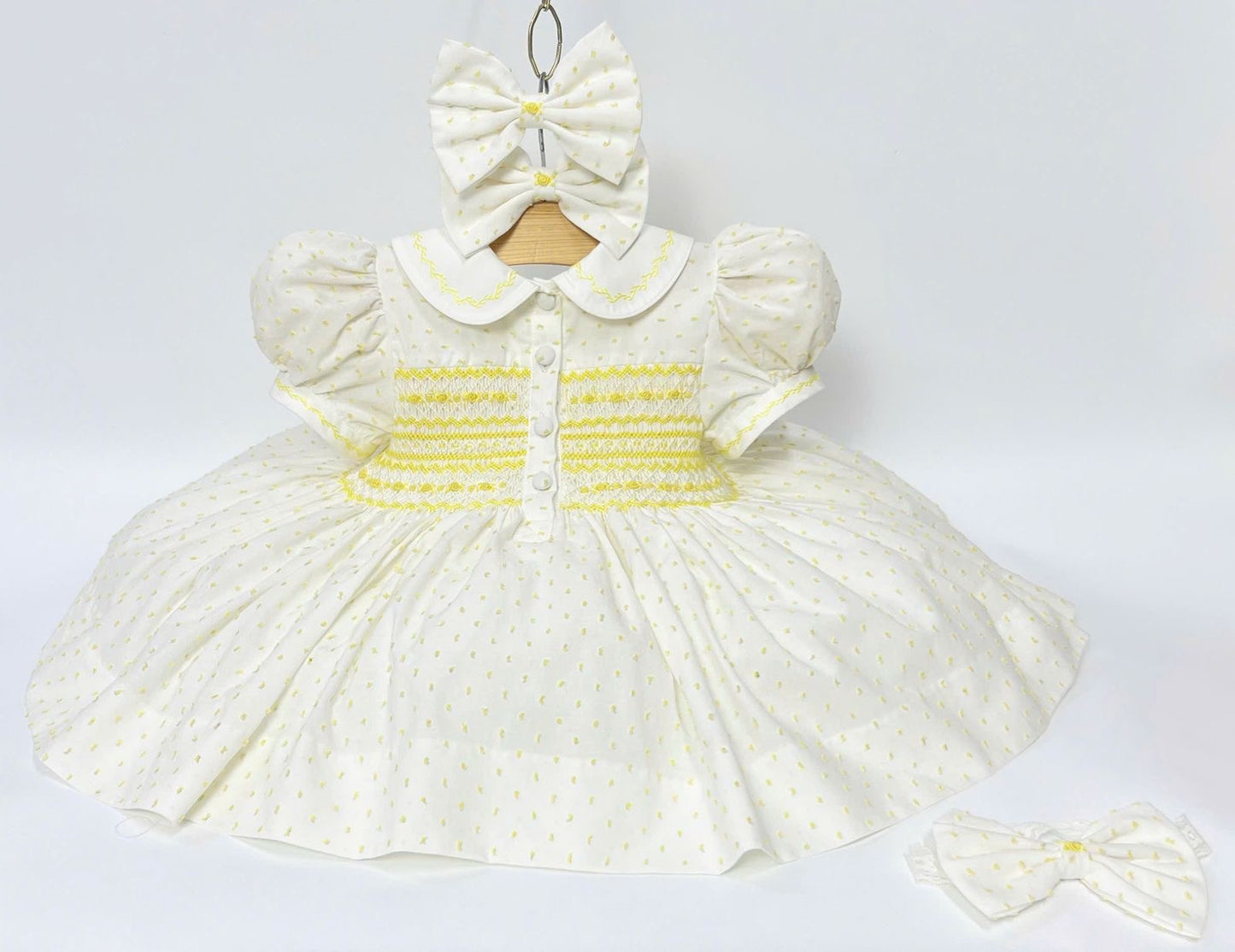 Yellow Plumetti Smocked Front & Back Dress, Knickers & Hair Accessory