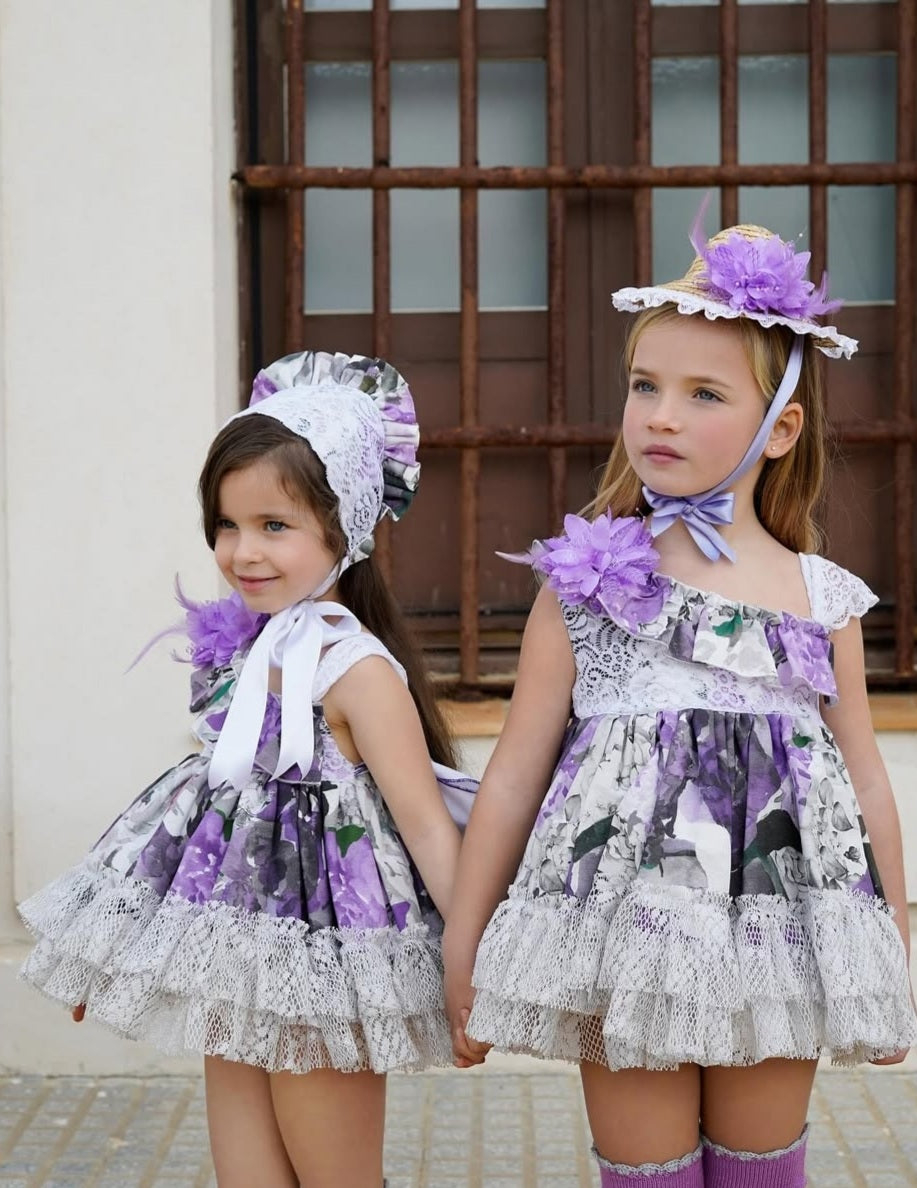 Ela Confeccion SS25 Girls Purple Floral Handmade Puffball Dress & Knickers Set - (Made to order)