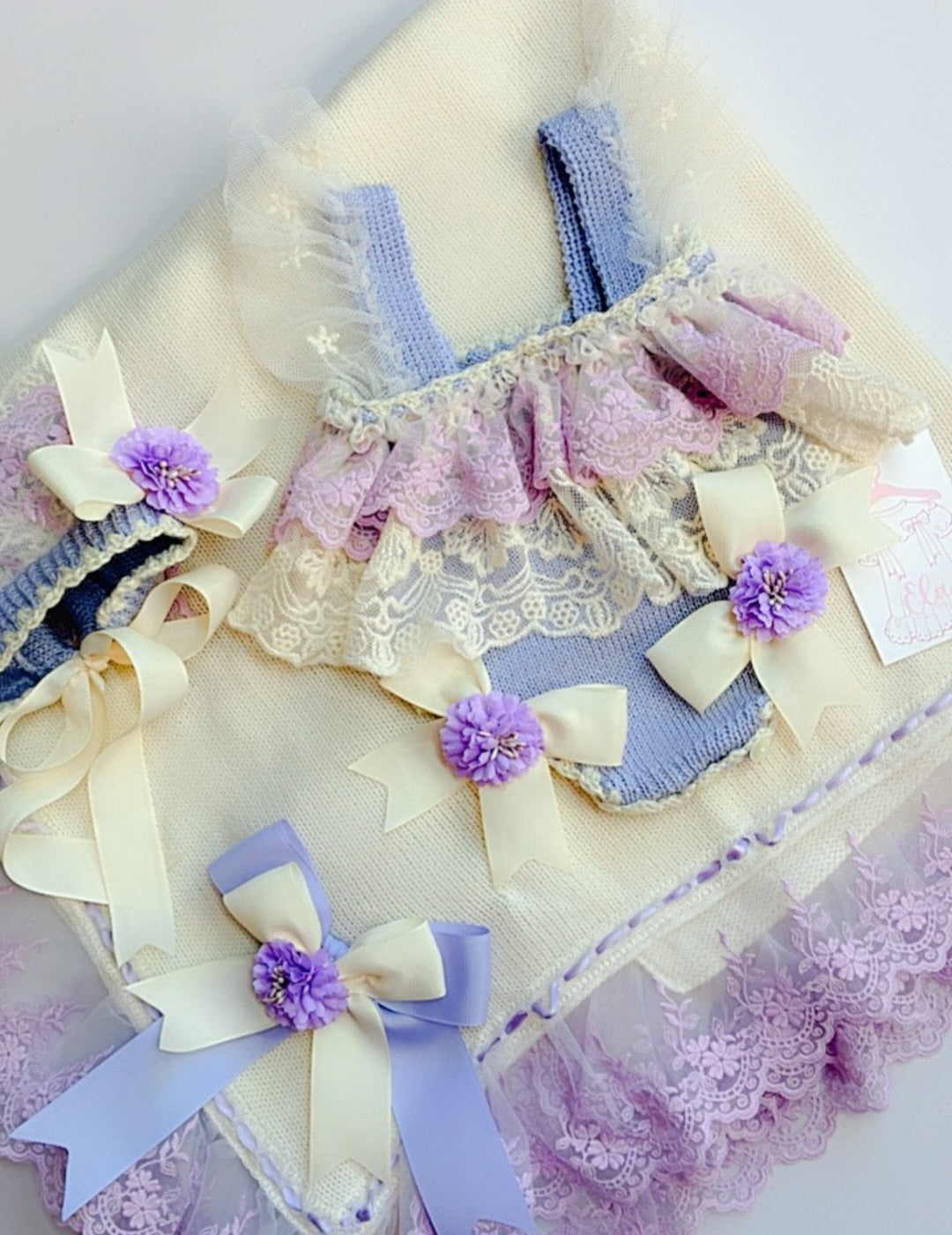 Ela Confeccion Lilac Hand Knitted Romper, Bonnet & Shawl - (Made To Order)