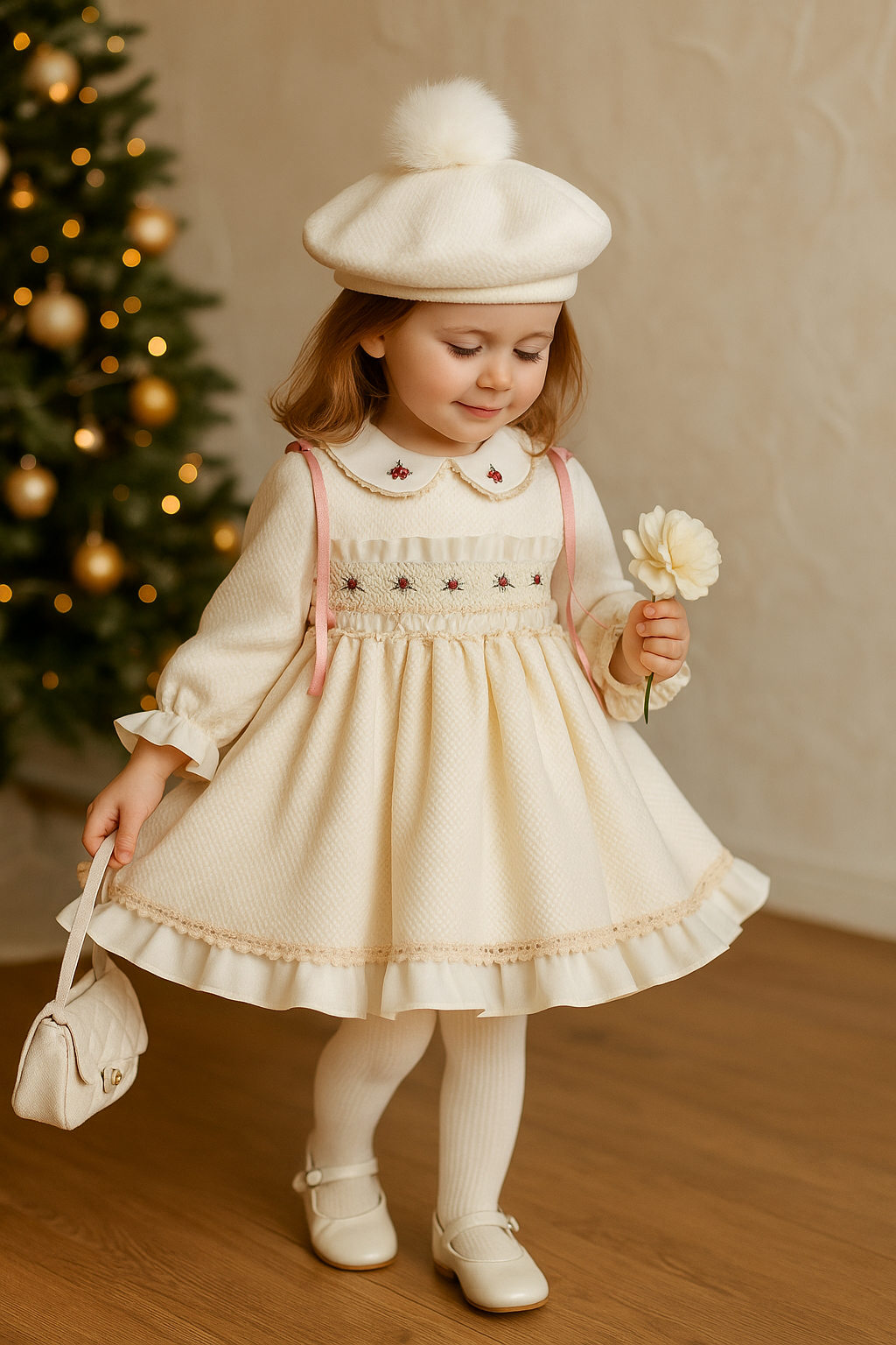 Girls Cream Pom Beret Hat AW25 (Made To Order)